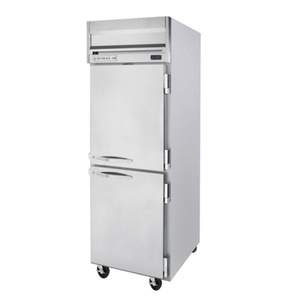 A stainless steel Beverage-Air reach-in freezer with two half doors and black handles.
