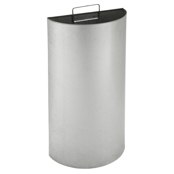 A silver metal half round trash receptacle with a black handle.