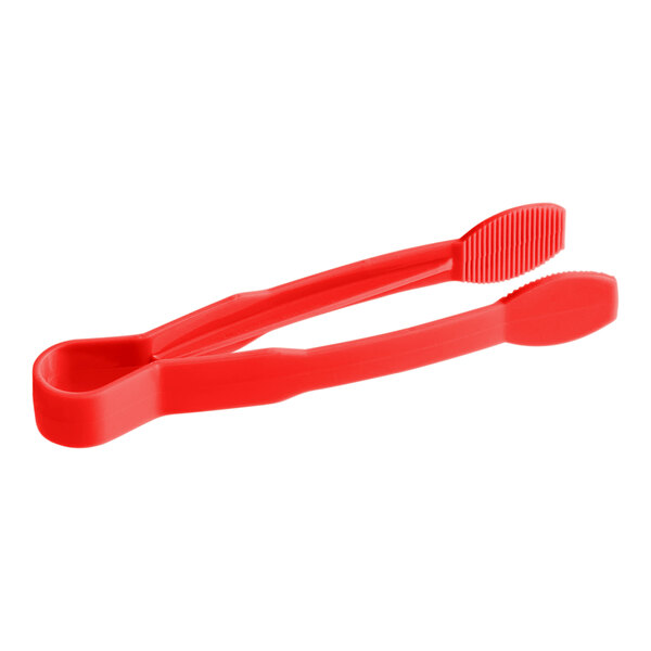 Red plastic tongs with a flat grip.