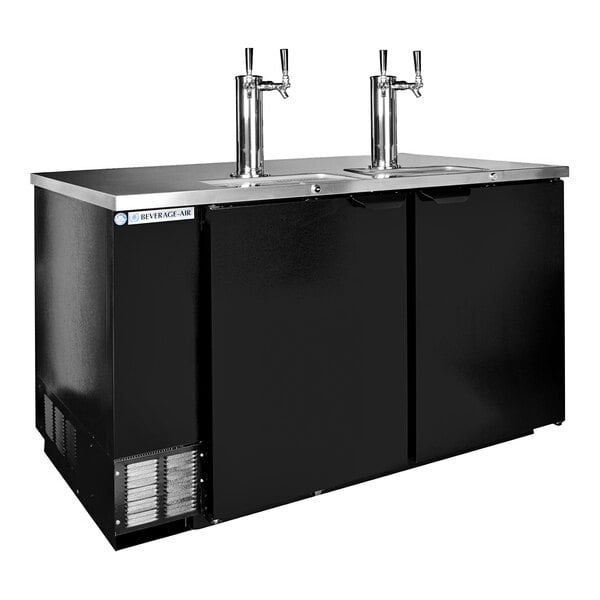 A black Beverage-Air beer dispenser with two taps on a counter.