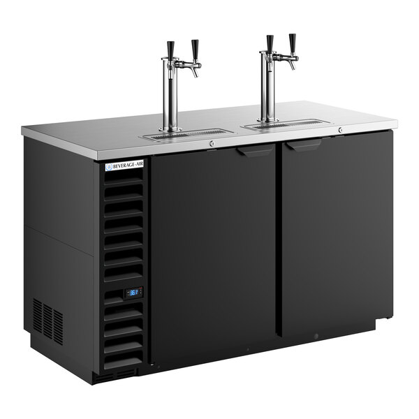 A black double tap kegerator beer dispenser with two doors and a stainless steel top.