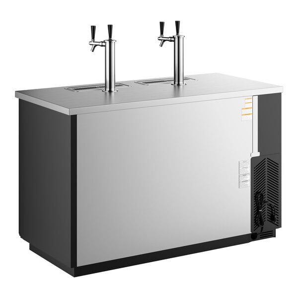 A commercial double tap kegerator beer dispenser with a black exterior and stainless steel top.