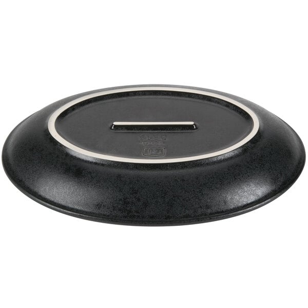 A black rectangular Hall China oval platter with a silver stripe.