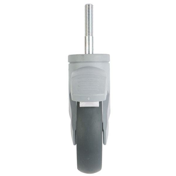 A grey wheel with a metal bolt.