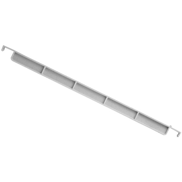 A white plastic shelf with a metal divider bar.