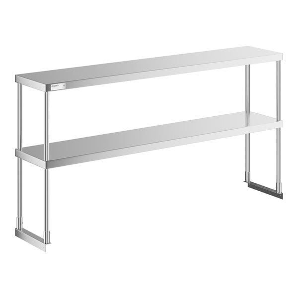 An Avantco stainless steel double deck overshelf with metal legs and two shelves.