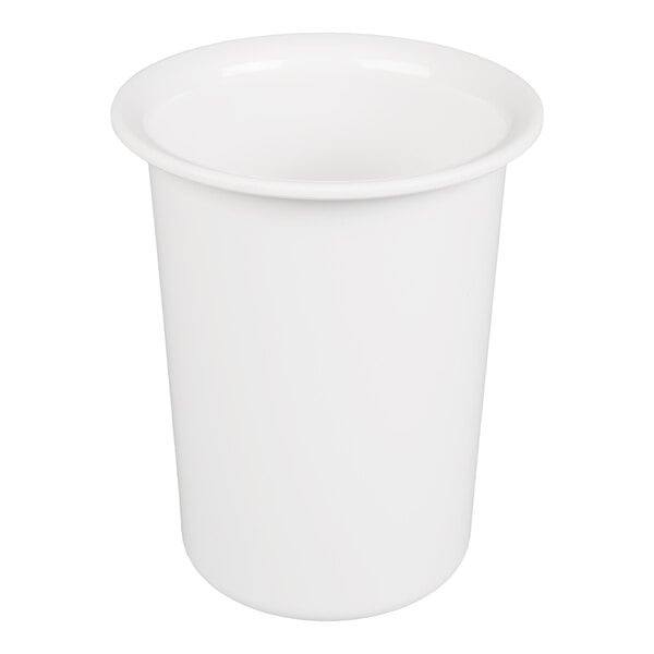A white, cylindrical container with a flared rim, made of a smooth material.