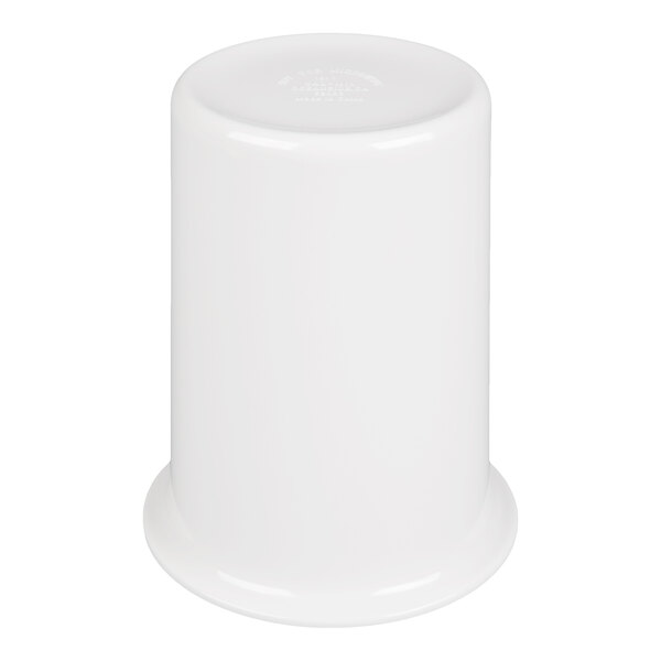 A white, cylindrical container with a flared base, shown upside down.