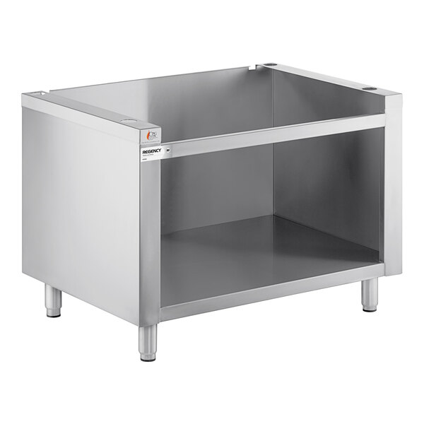 A stainless steel open base equipment stand with four legs and a lower shelf, designed for commercial kitchen use.