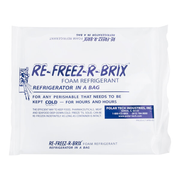 A 22 oz. Re-Freez-R-Brix foam refrigerant pack used for keeping perishables cold, packaged by Polar Tech.