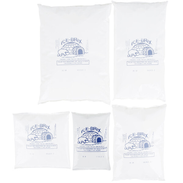 A group of white Polar Tech bags with blue writing.