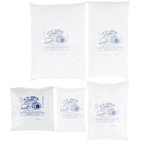 A group of Polar Tech white bags with blue writing.