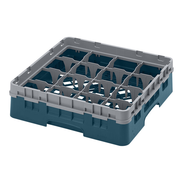 A teal and gray 16-compartment glass rack with one extender, designed for washing and transporting glassware.