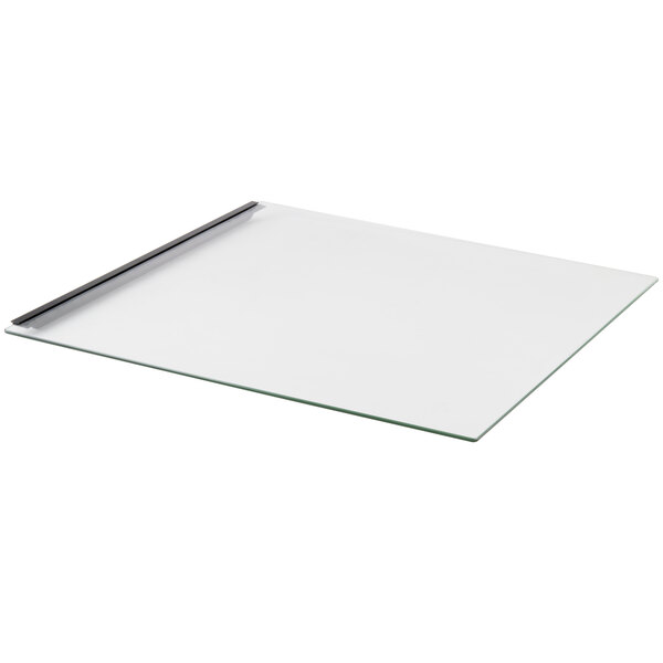 A white rectangular glass door with black trim and a metal handle.