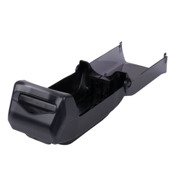 A black plastic San Jamar Fullfold napkin dispenser with a clear plastic cover and a handle.
