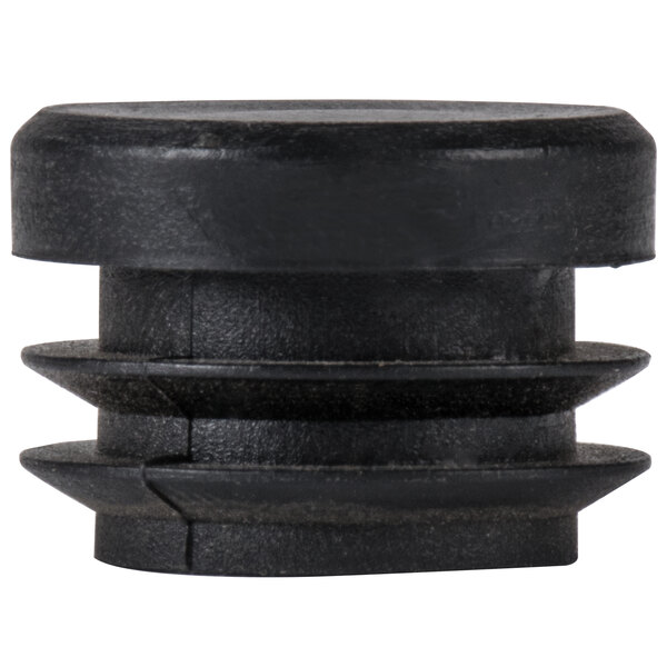 A black plastic knob with a metal ring on a white background.