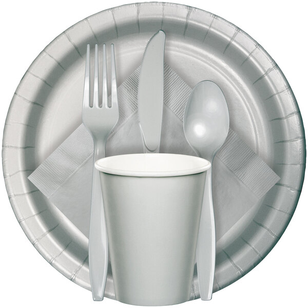 A Creative Converting shimmering silver paper plate with a fork, spoon, and knife.