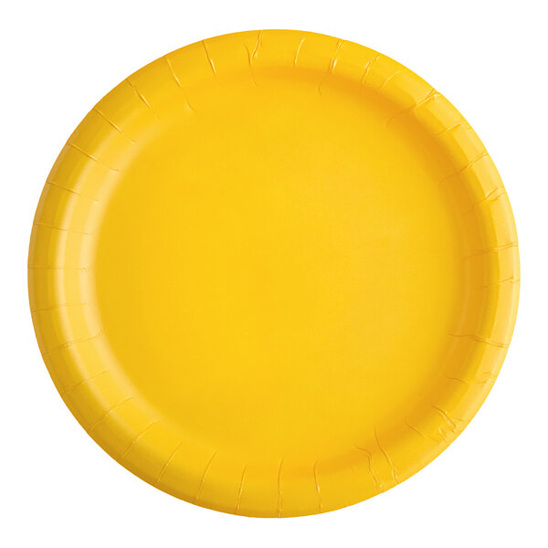 A close-up of a yellow paper plate with a white background.