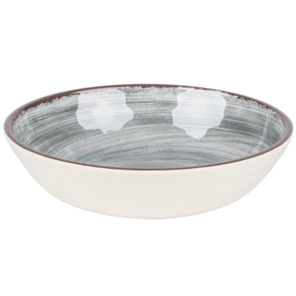 A white melamine bowl with a brown rim.