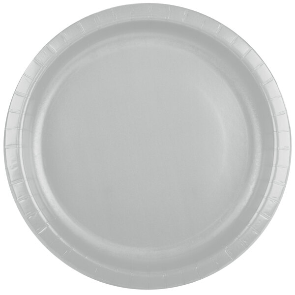 A Creative Converting shimmering silver paper plate with a white rim.