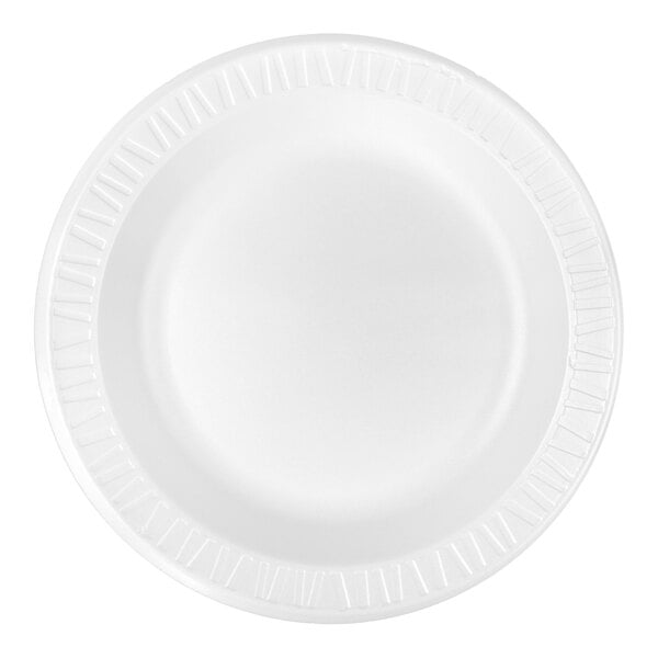 A white, round, non-laminated foam plate.