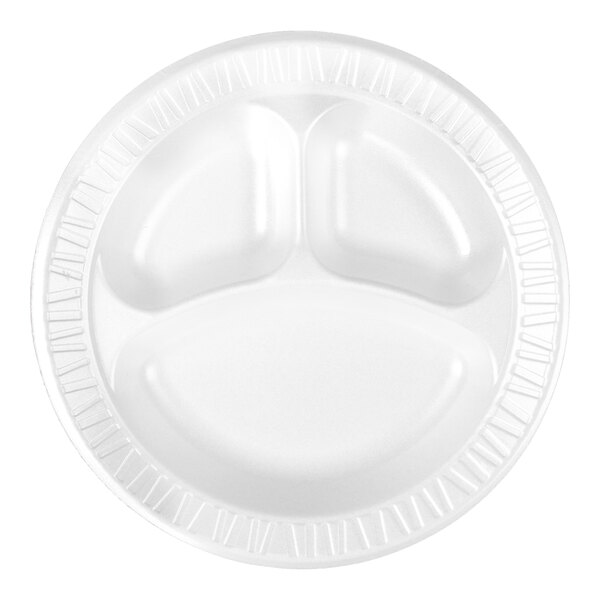 A round white foam plate with three compartments.