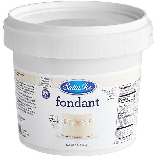 A white container of Satin Ice Ivory Vanilla Rolled Fondant Icing.
