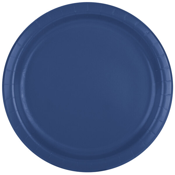 A close-up of a blue paper plate.