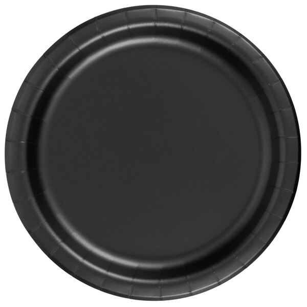 A black paper plate with a black rim.