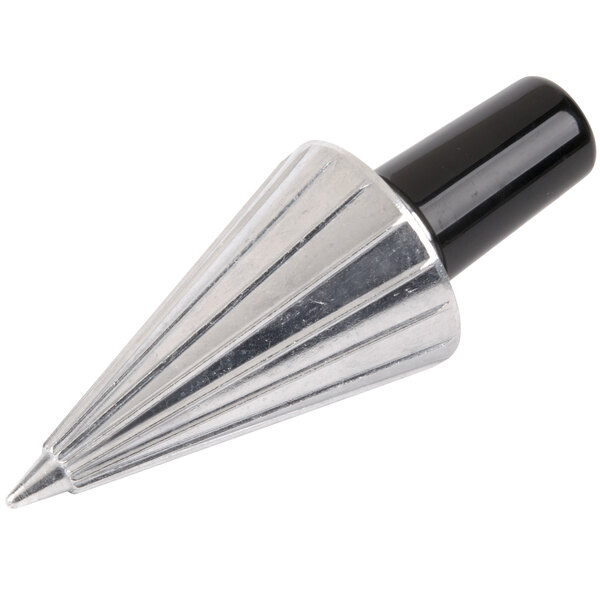 A silver metal Waring Waffle Cone rolling and forming tool with a black cap on the tip.