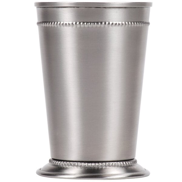 A Libbey stainless steel mint julep cup with beaded trim on the rim.