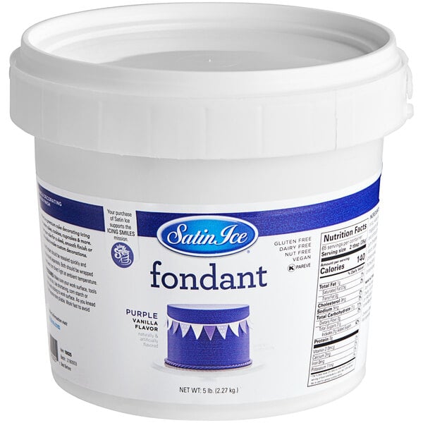 A white container of Satin Ice purple vanilla fondant with a blue label.