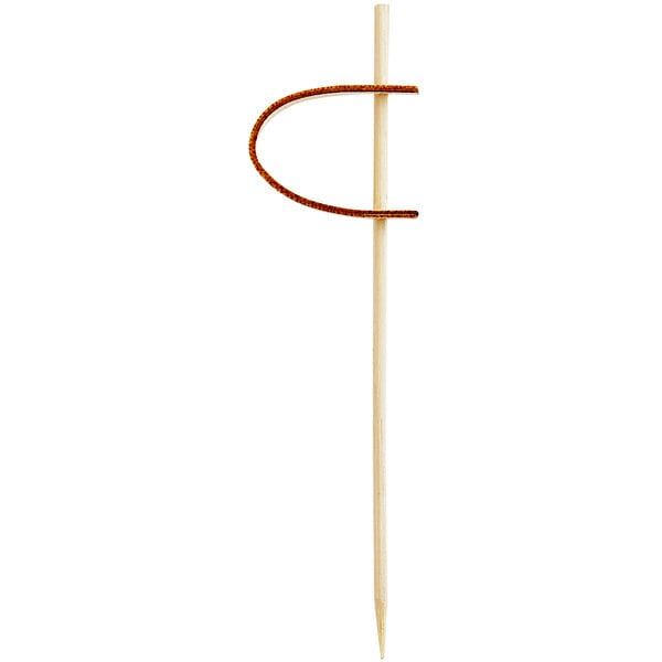 A Tablecraft bamboo pick with a string tied around the tip.