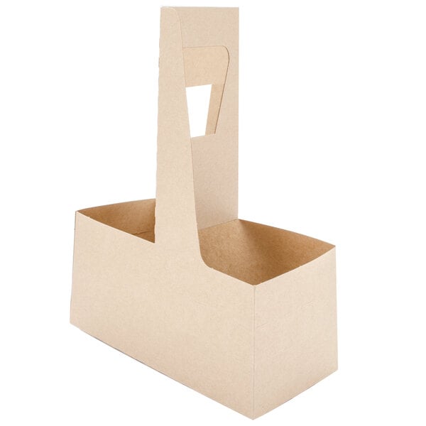 A white cardboard drink carrier with handles.