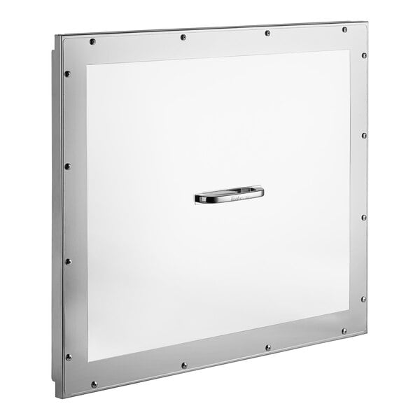 A clear polycarbonate rectangular pan cover with a handle.