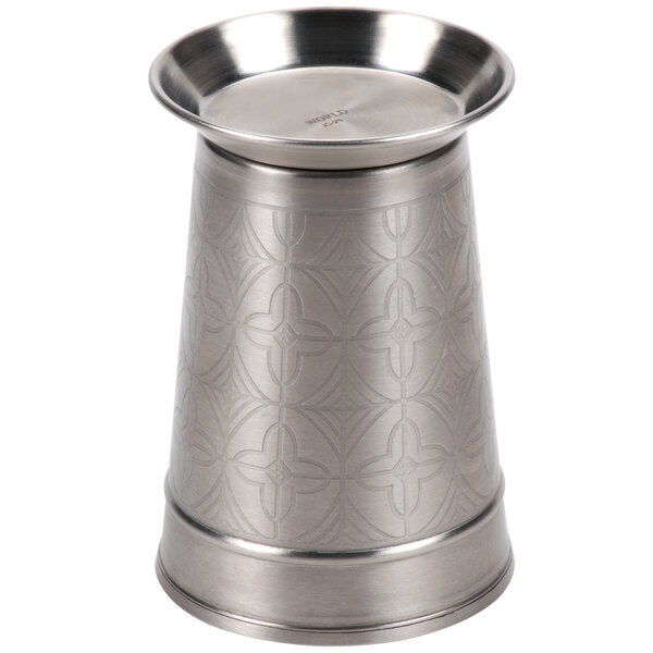 A silver Libbey stainless steel mint julep cup with a circular design.