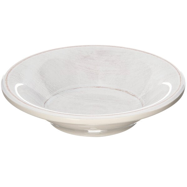 A white Carlisle melamine bowl with a brown rim.