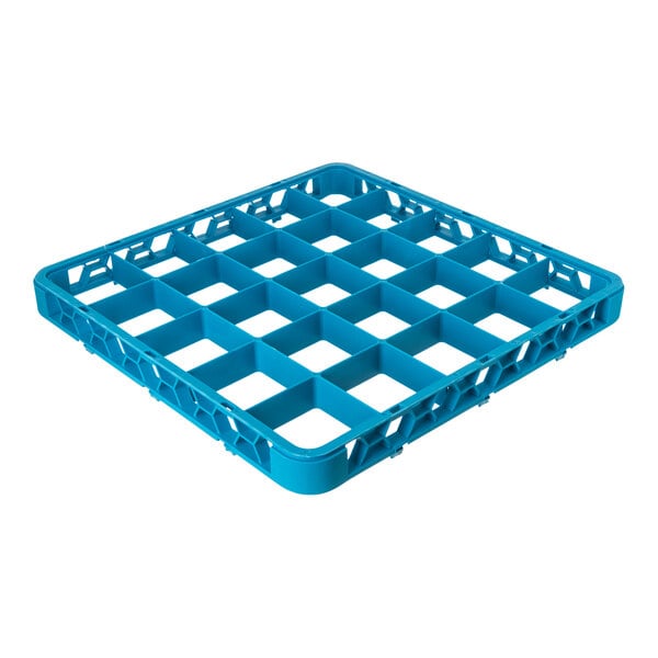 A blue plastic glass rack extender with 25 square compartments.