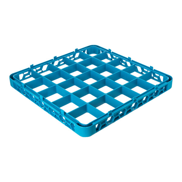 A blue plastic 25-compartment glass rack extender.