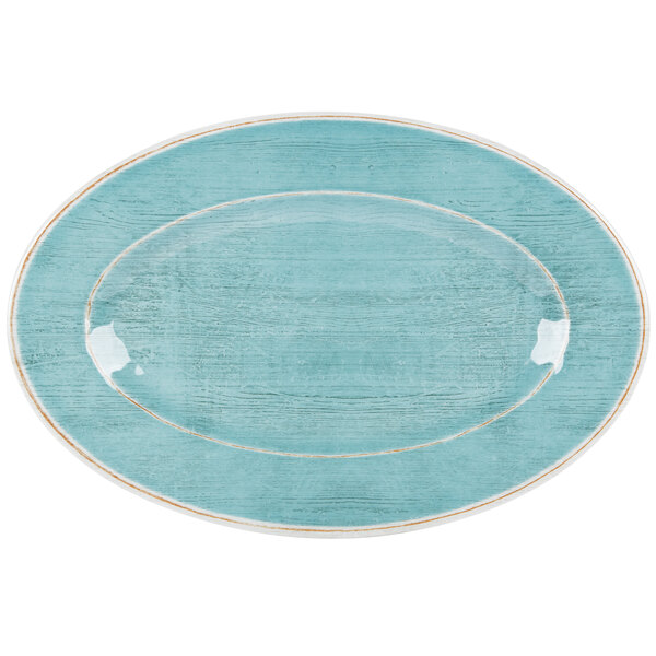 A blue oval platter with a white border.