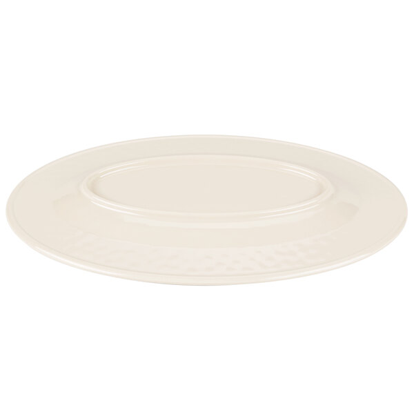 A white rectangular platter with a round oval design on the border.