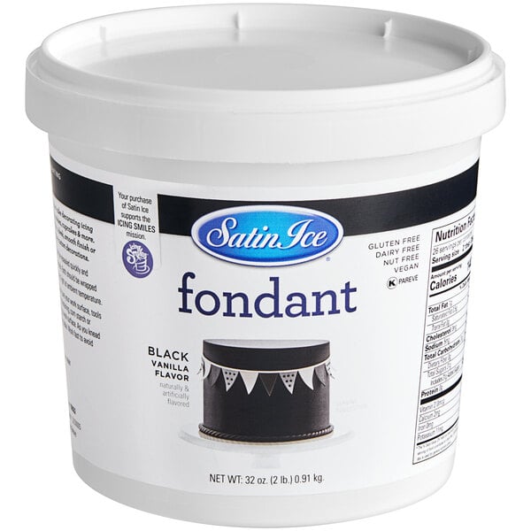 A white container of Satin Ice black rolled fondant with a black and white label.