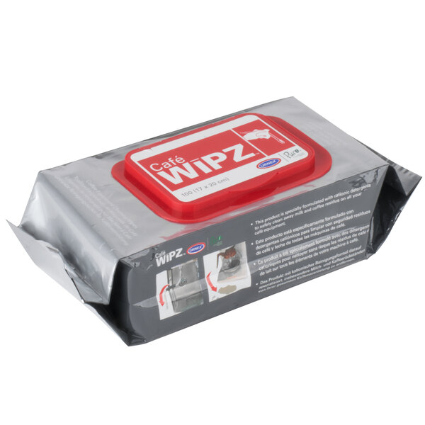 A package of 100 Urnex Cafe Wipz coffee equipment cleaning wipes with red and white packaging.