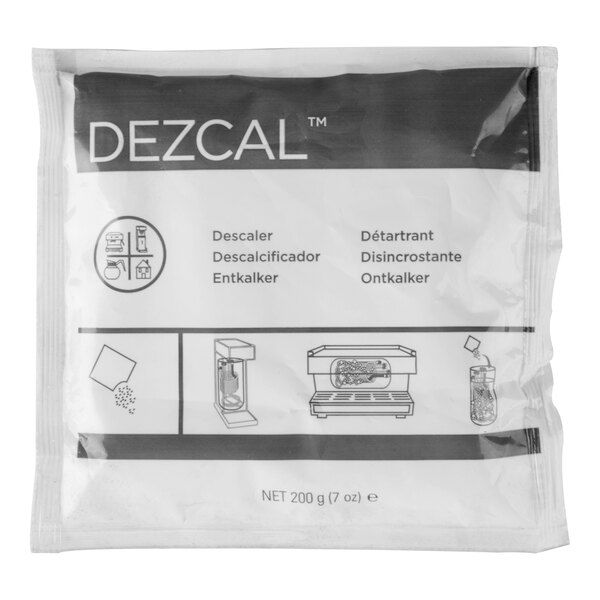 A 7 oz. packet of Urnex Dezcal coffee equipment scale removing powder.