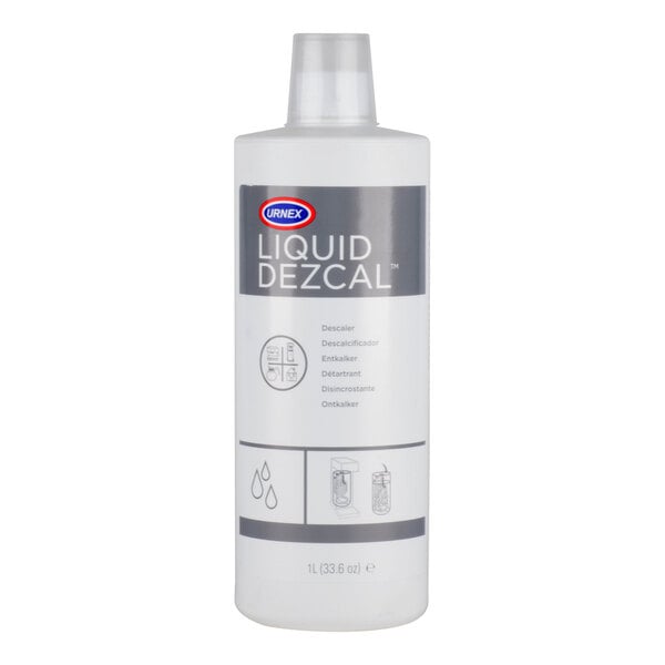 A 1-liter bottle of Urnex Liquid Dezcal coffee equipment liquid scale remover.