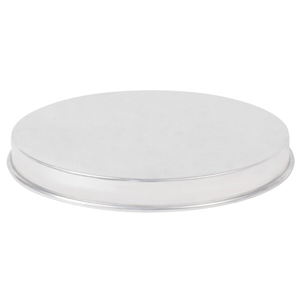 An American Metalcraft standard weight aluminum pizza pan with straight sides and a silver rim on a white background.