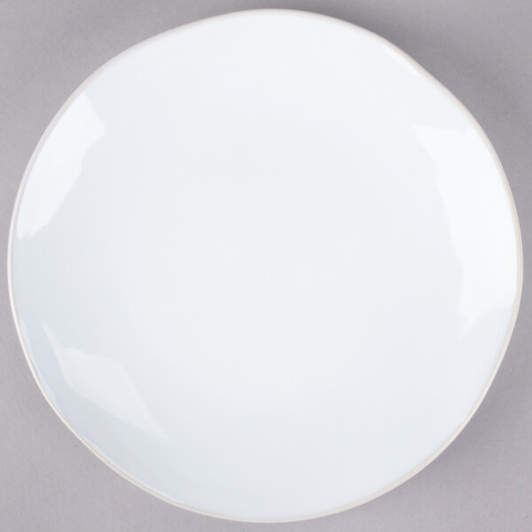 A Tuxton Artisan Agave china plate with a rim on a gray surface.