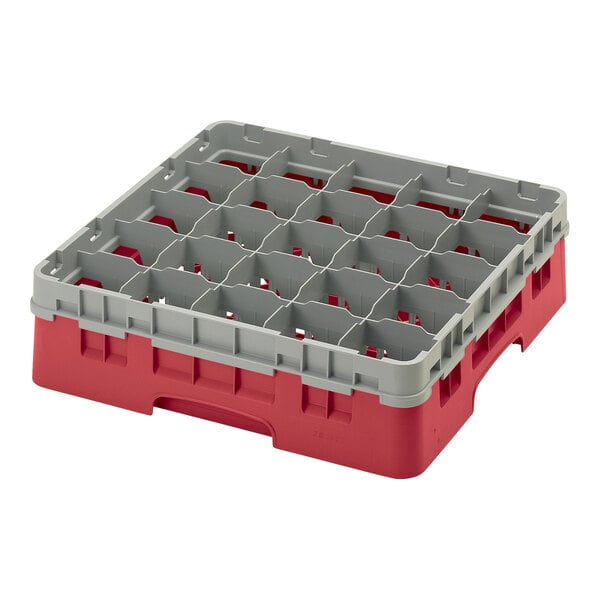 A red plastic Cambro glass rack with compartments.