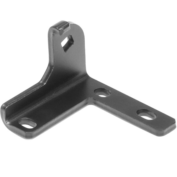 A black metal Beverage-Air door hinge bracket with holes.