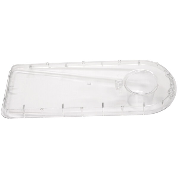 A clear plastic container with a round hole.